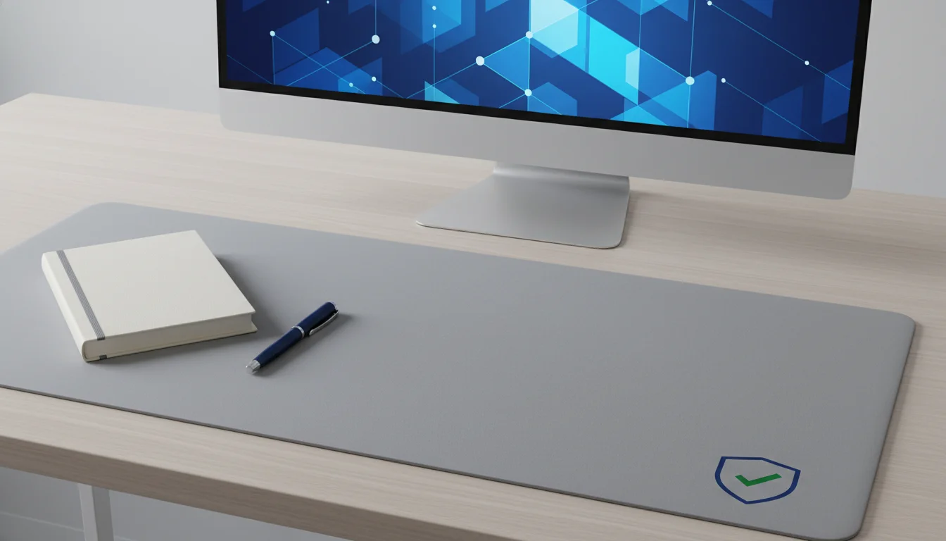 Abstract blue-toned desk workspace with a shield and check mark motif representing payout verification.