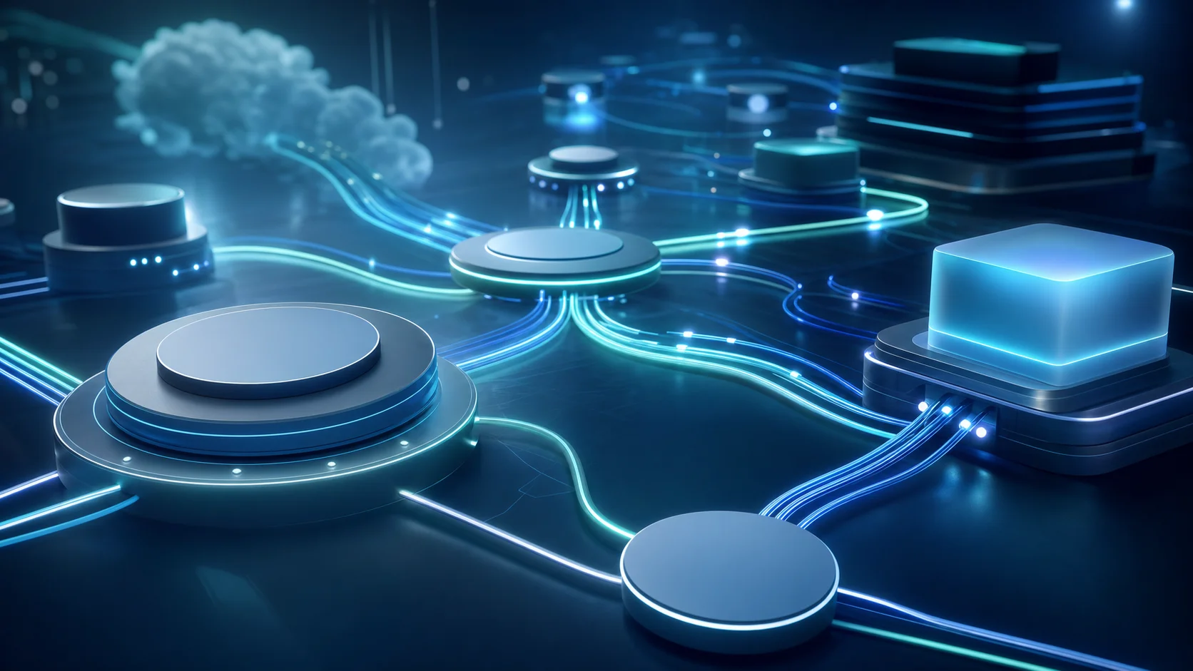 Abstract signal rails linking blank infrastructure nodes for prop trading platform and policy workflows.