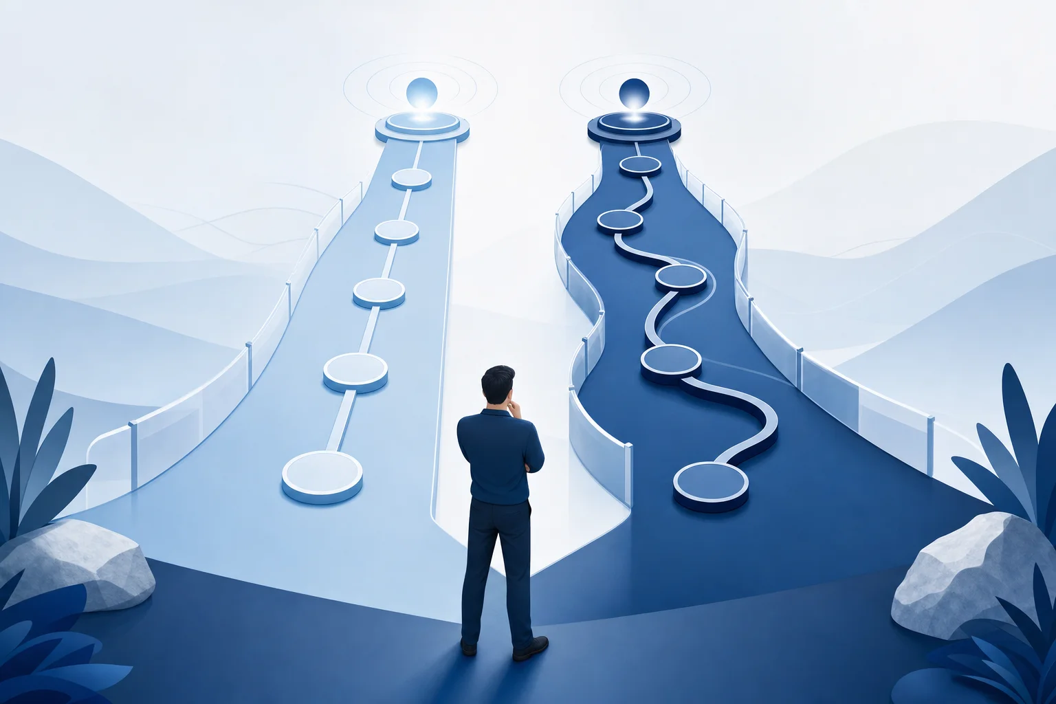 Abstract two-path illustration symbolizing different futures prop firm funding routes; no data shown.