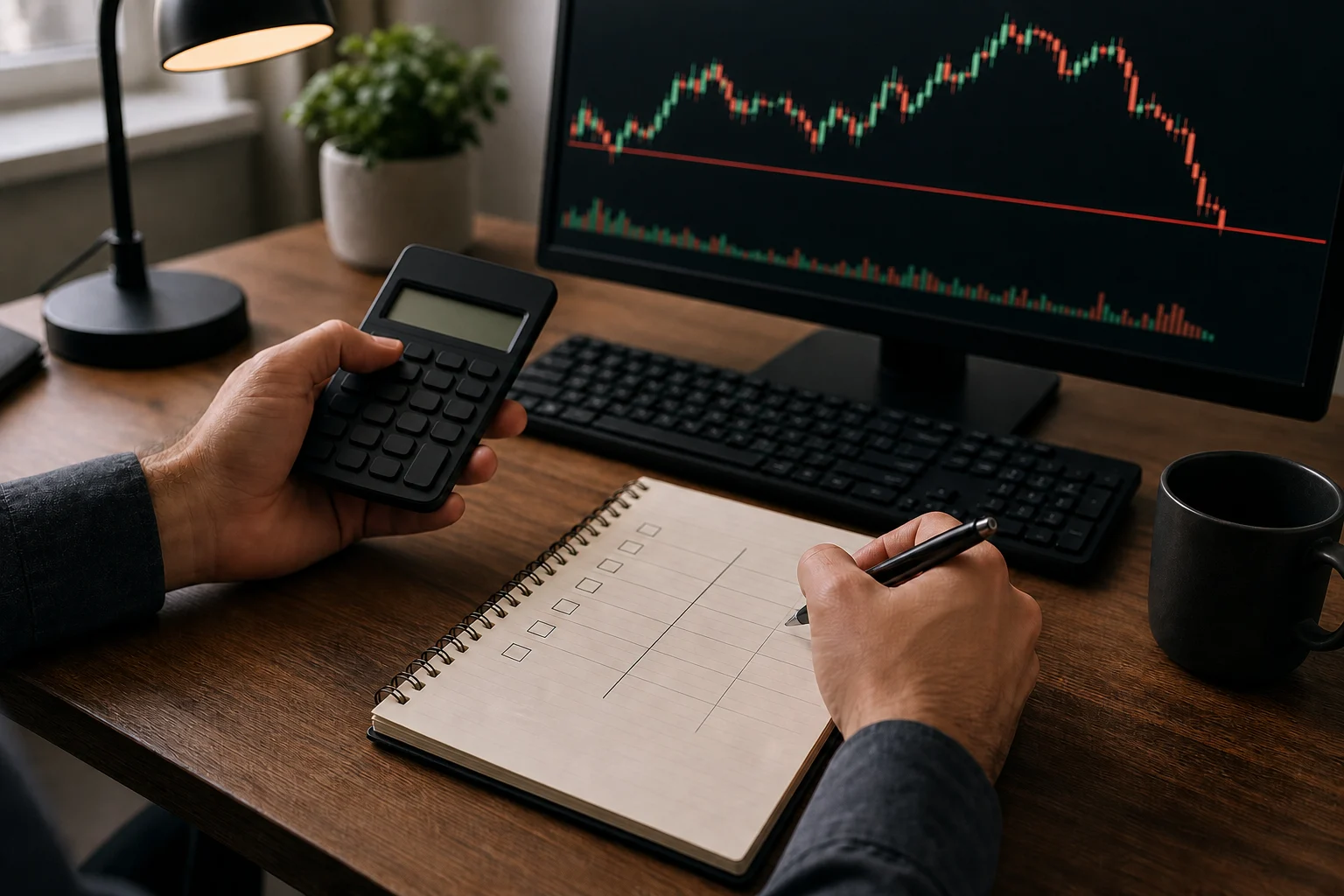 Trader calculating evaluation costs beside a chart with a marked drawdown limit
