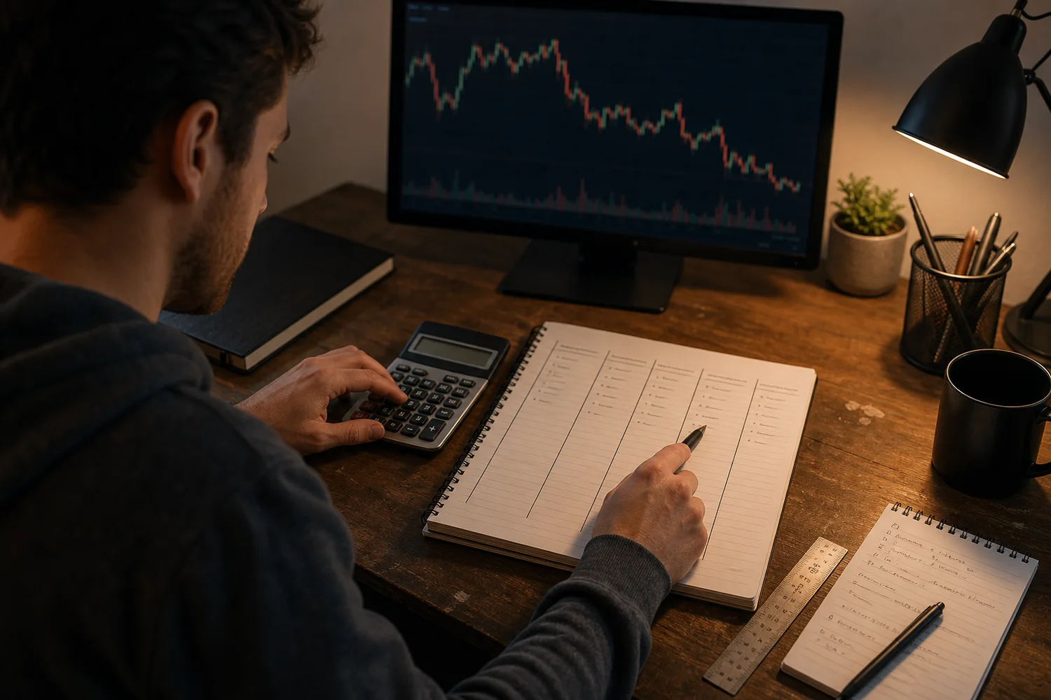 Trader comparing prop-account rules with a calculator and notebook