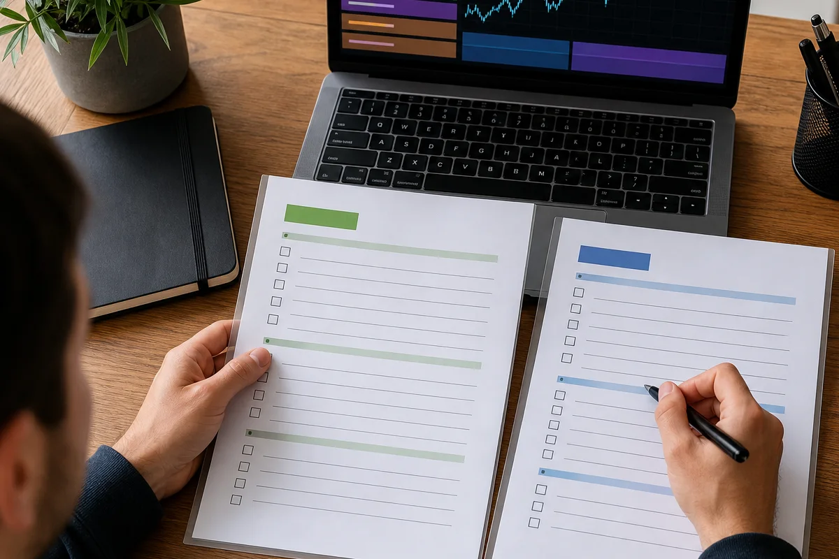 Trader comparing two prop firm account rule checklists before a merge request