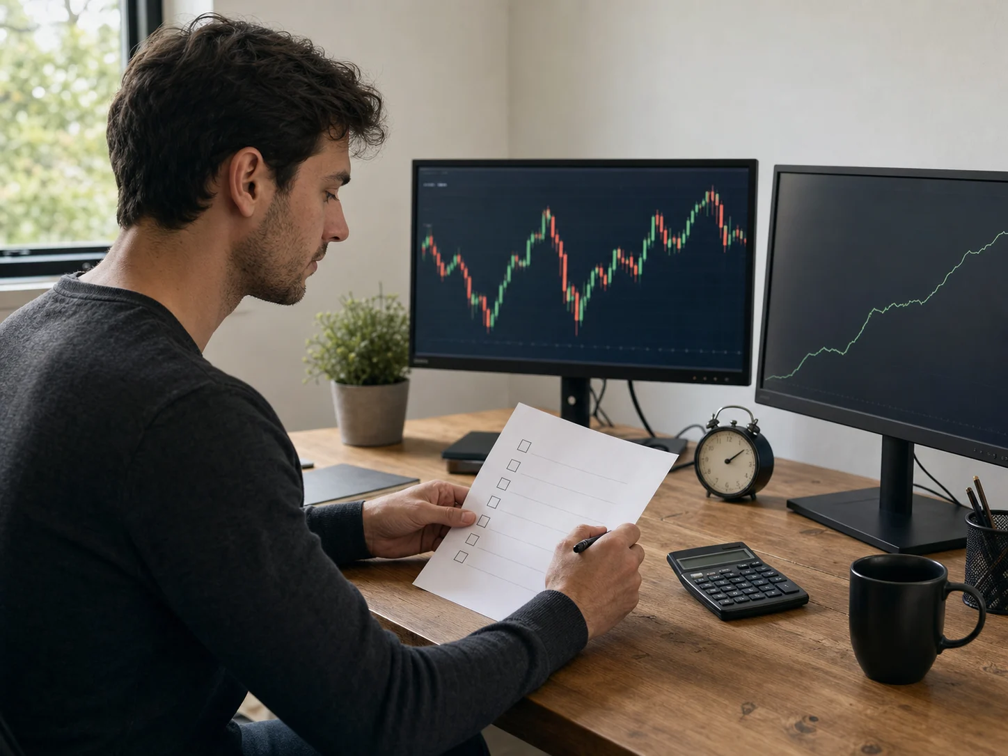 A trader compares account timing and risk rules at a home workstation
