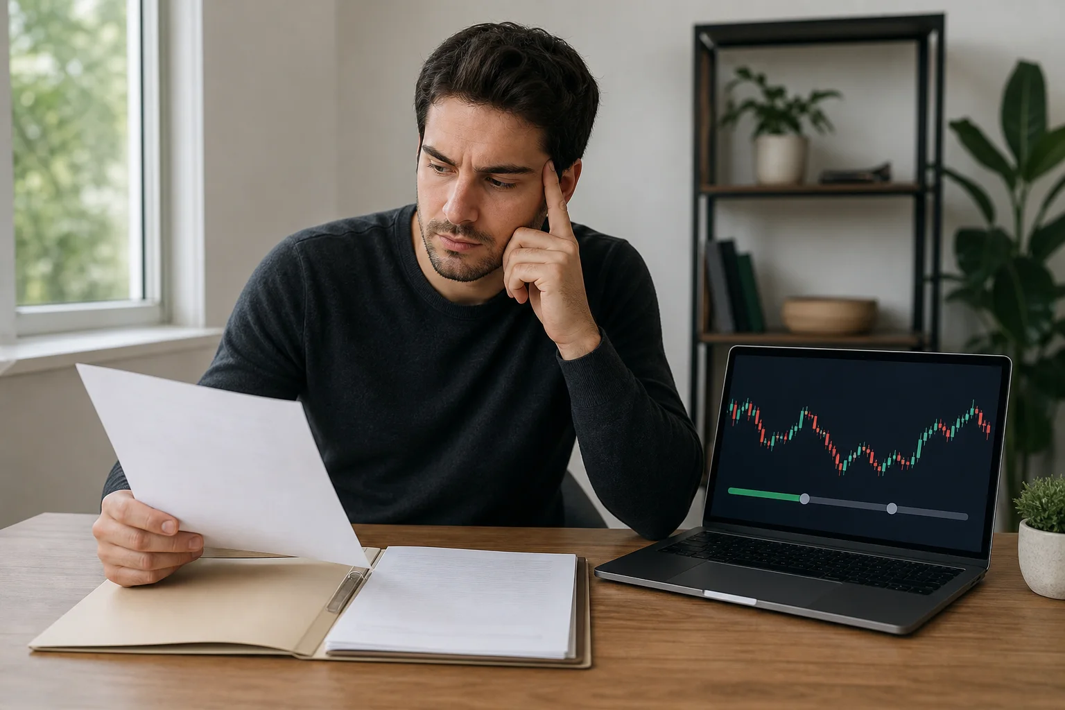 Trader comparing employment paperwork with a simulated forex evaluation