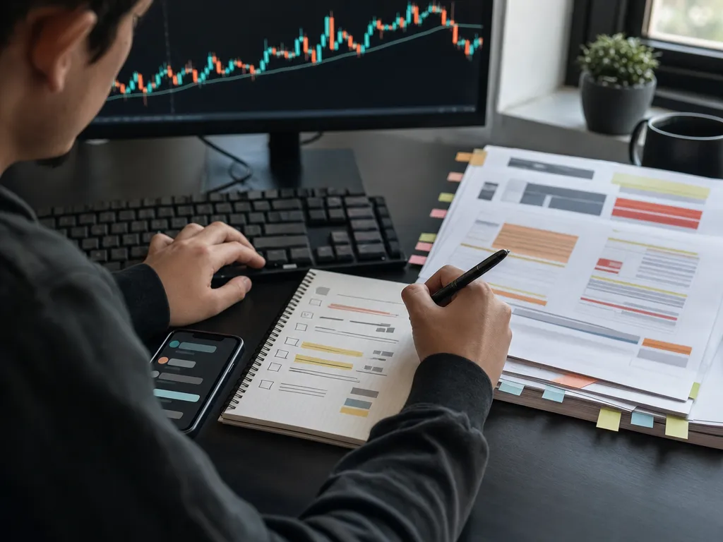 Trader comparing prop-firm terms with a highlighted checklist beside a forex chart