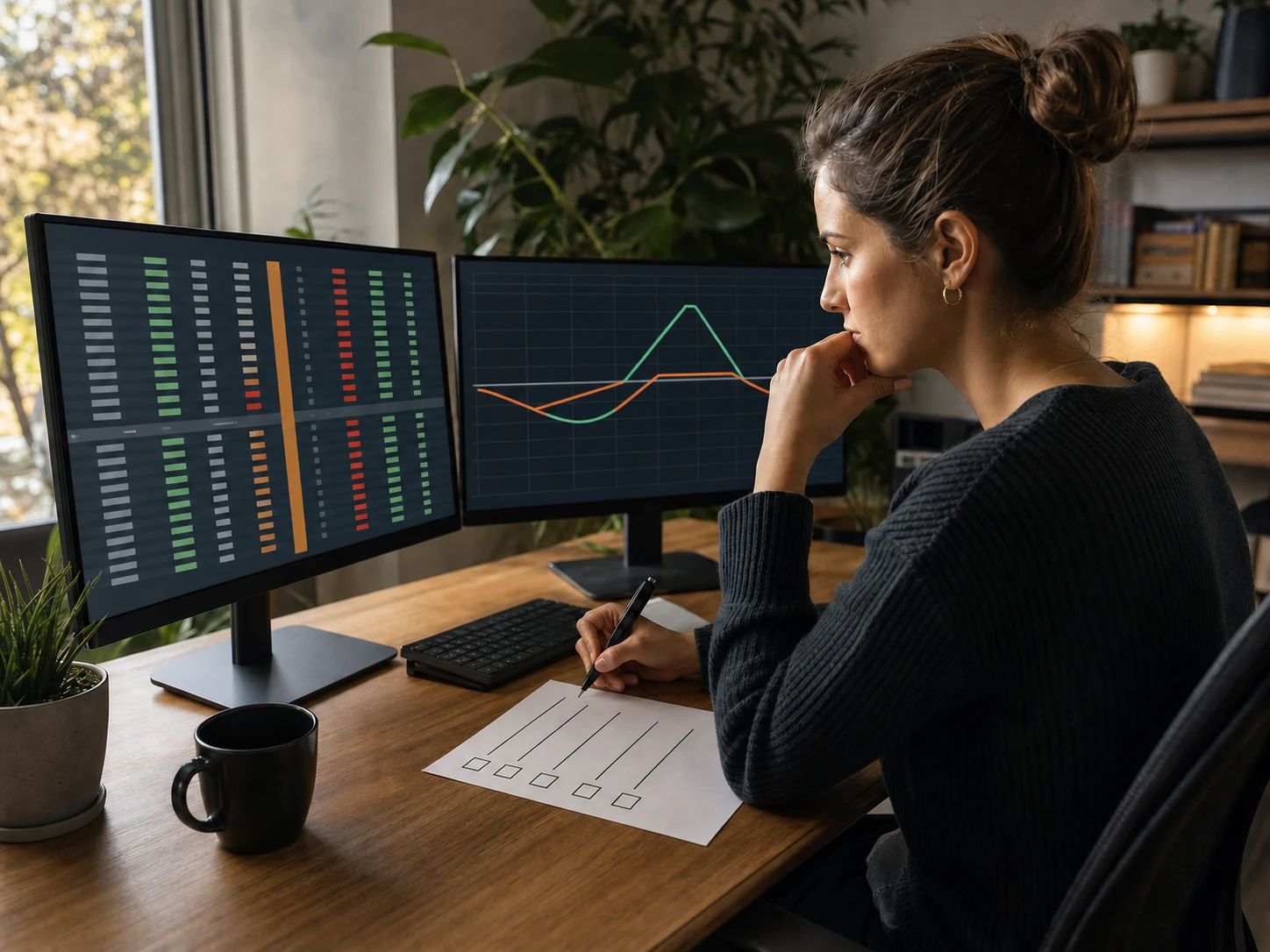 Options trader comparing an unlabeled option chain, payoff curve, and rule checklist at a home workstation