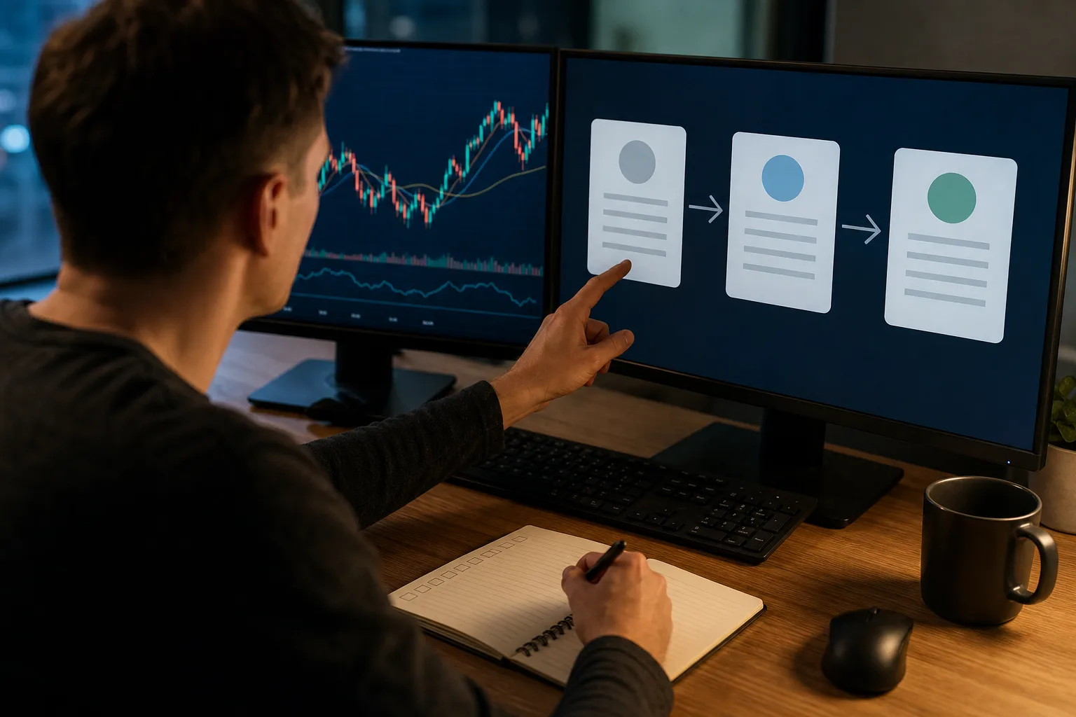 Trader comparing three prop firm account stages at a workstation