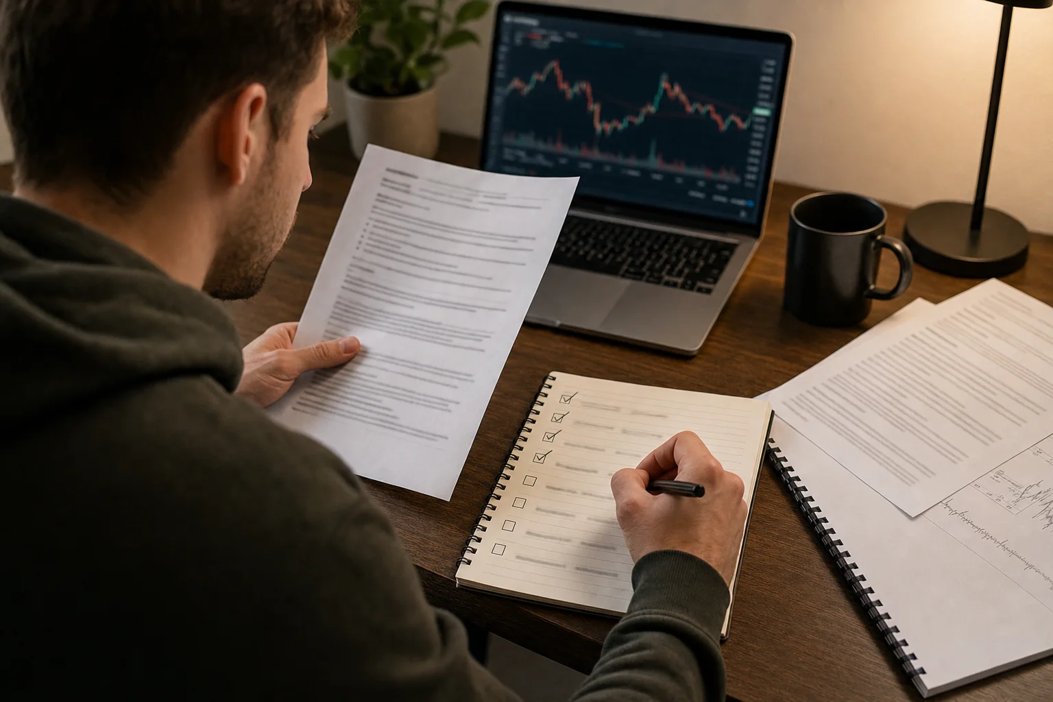 Trader reviewing program terms and marking a due diligence checklist before an evaluation
