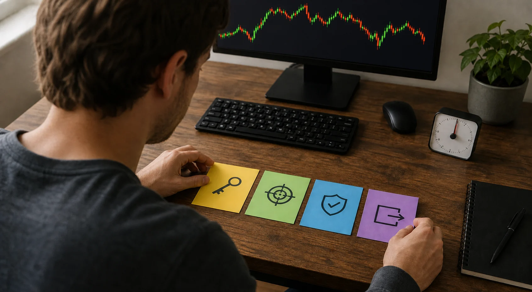 Trader arranging four cards for account delivery, evaluation, activation, and payout milestones