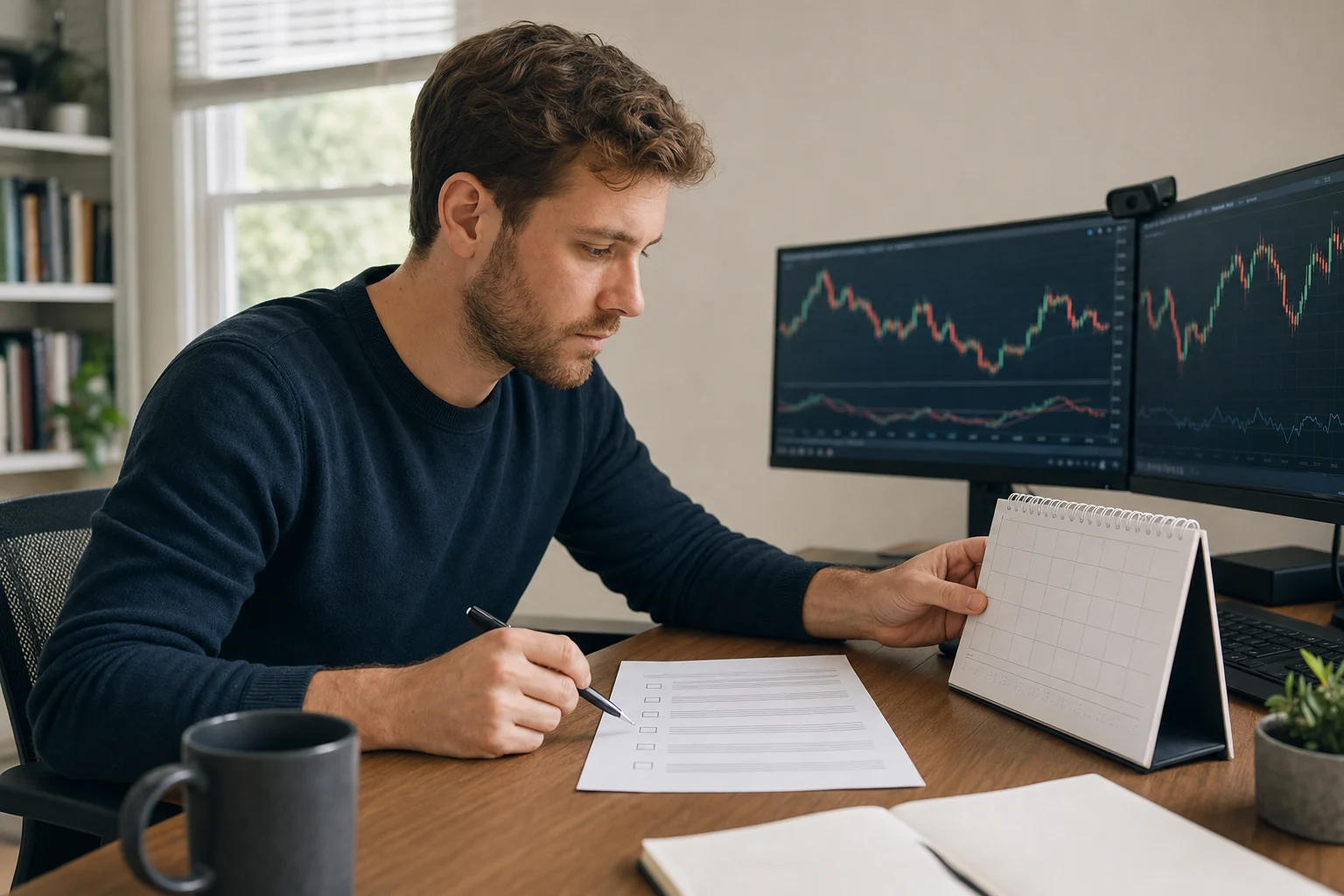 Trader checking a calendar and rule checklist beside a home trading workstation