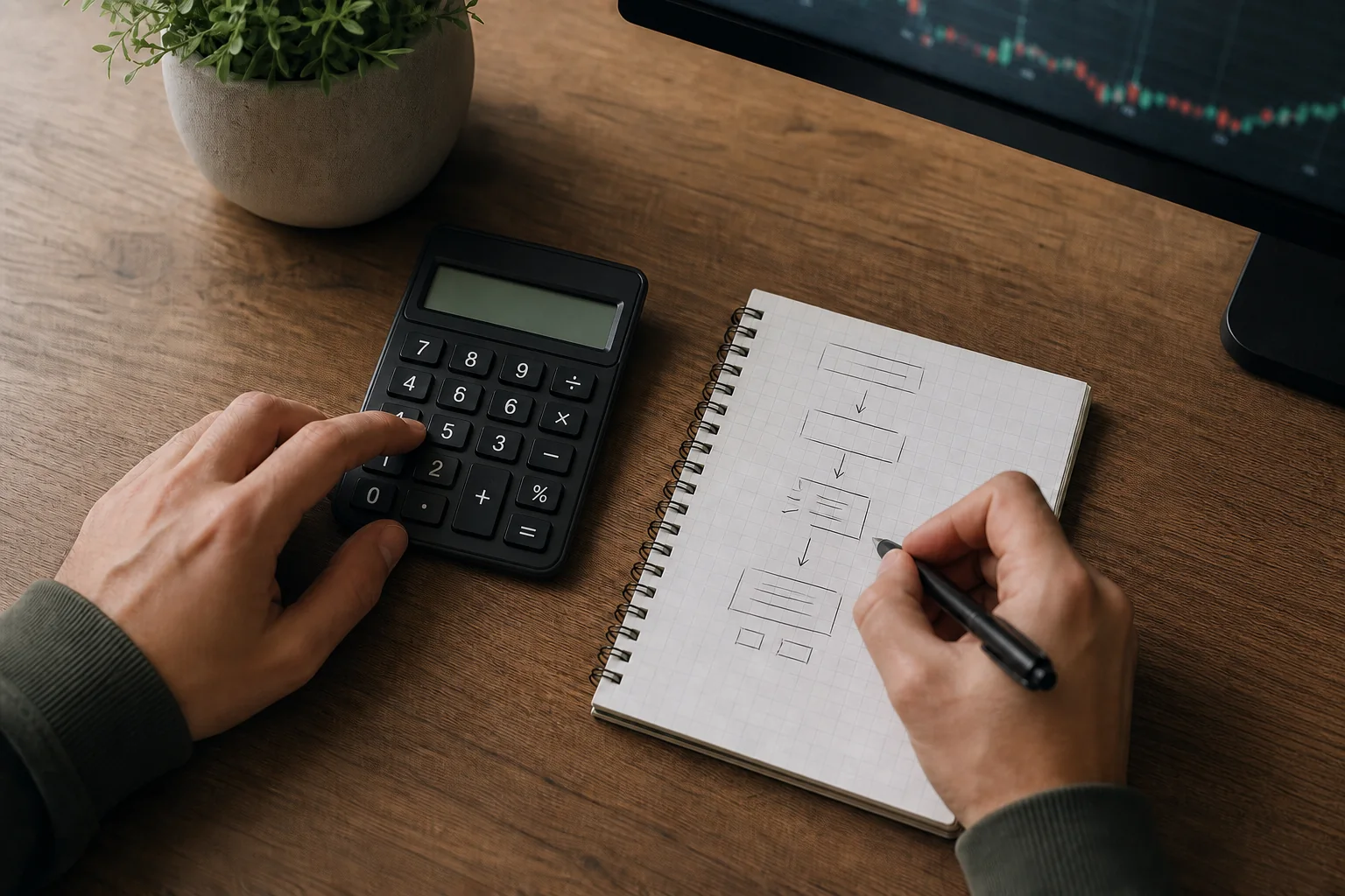 Hands use a calculator beside an unlabeled payout-rule flowchart at a trading desk