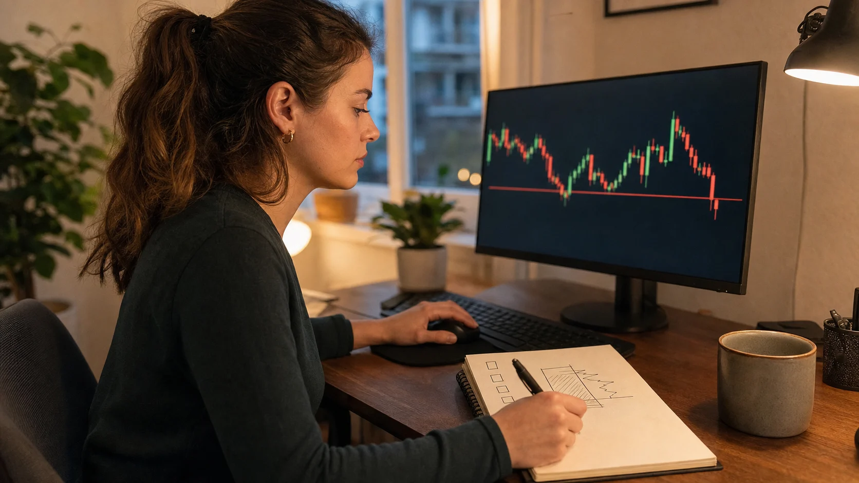 Trader reviewing a chart risk limit and prop-firm rules in a notebook