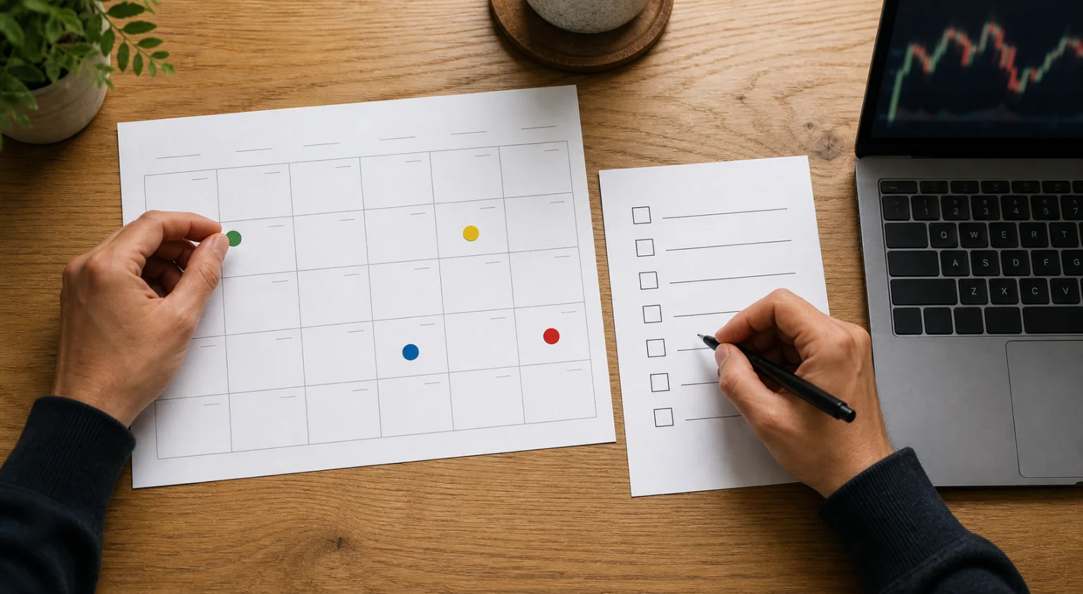 Hands comparing four marked calendar days with a blank prop firm rule checklist