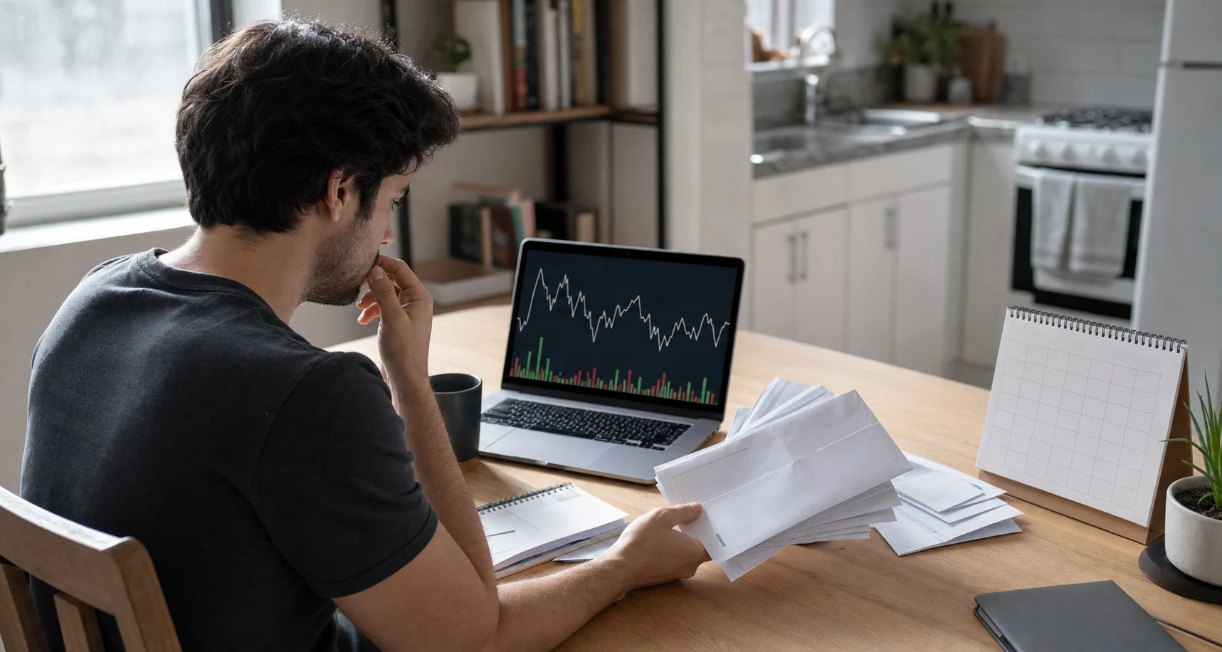 Trader comparing uneven trading results with recurring household bills