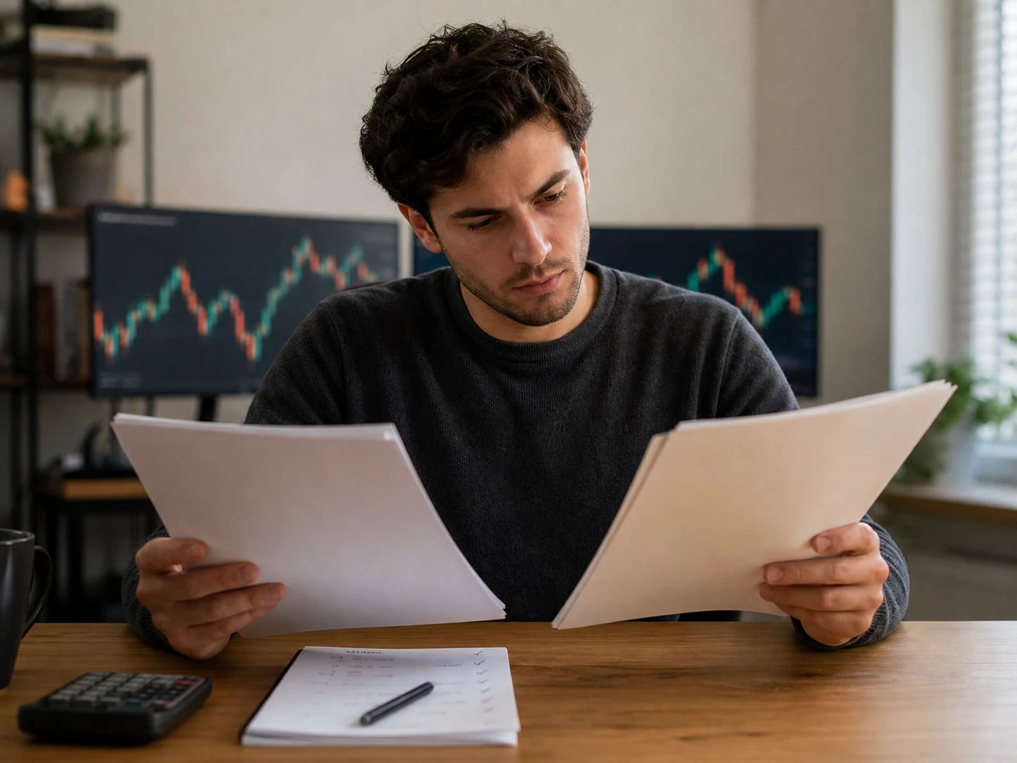 Young prop trader comparing two funded trading program agreements