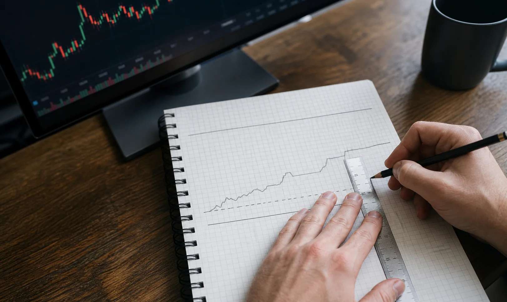 Trader drawing drawdown thresholds on graph paper beside a candlestick chart