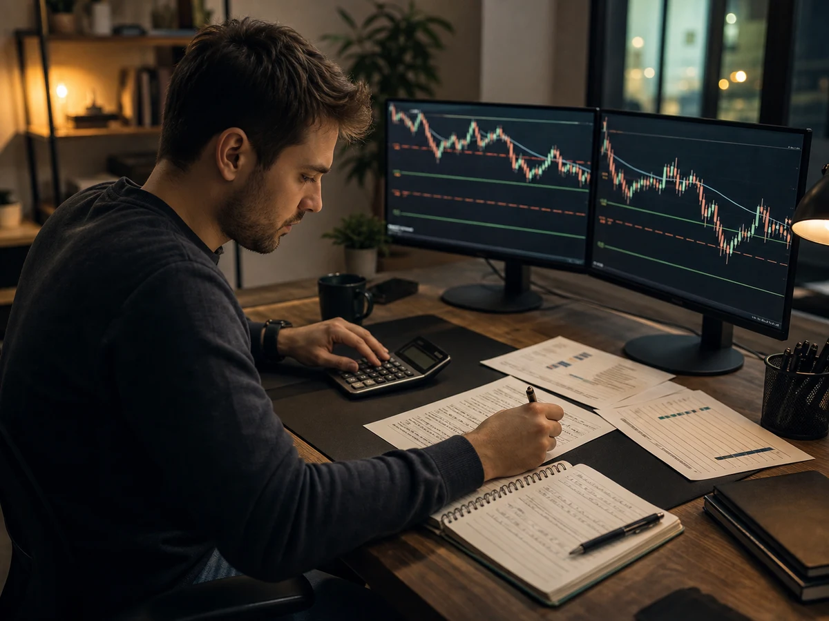 Trader reviews drawdown limits and payout conditions at a forex trading workstation