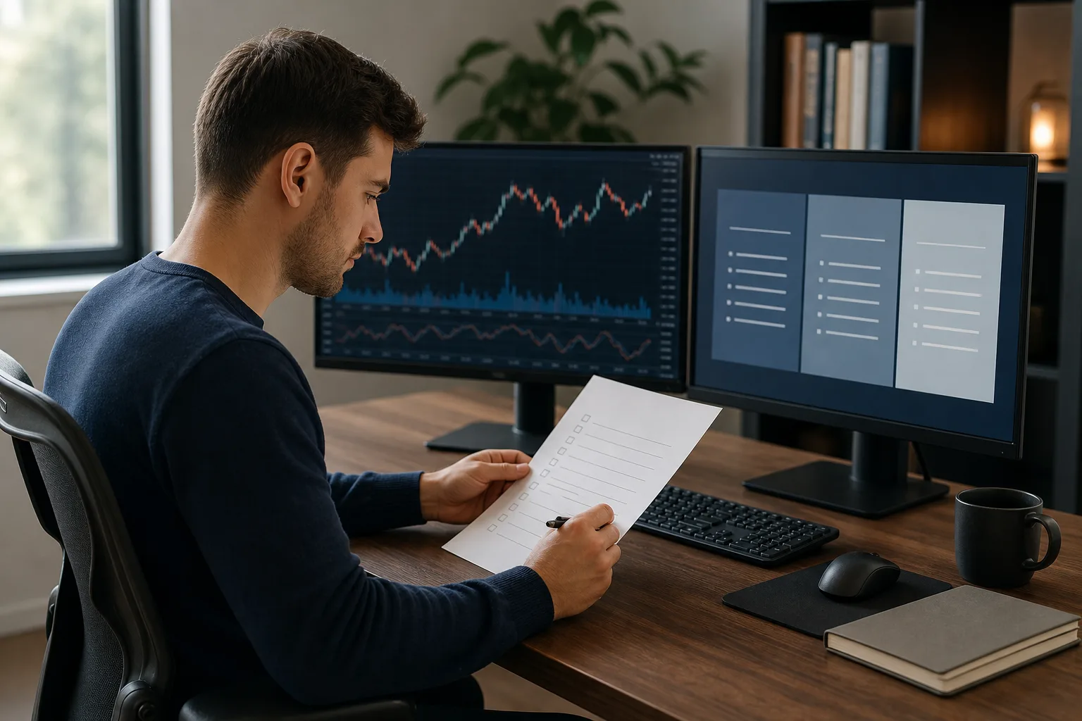 Trader reviewing a checklist beside a prop firm comparison
