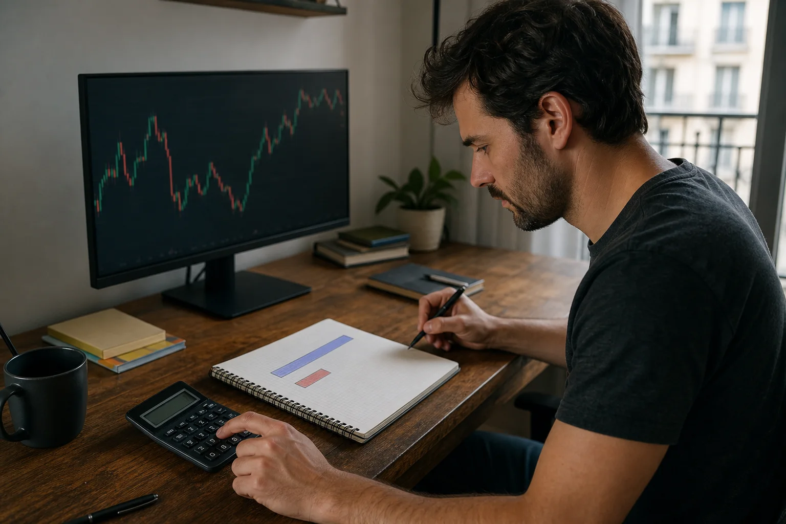 Trader using a calculator to compare a large account figure with a smaller usable risk limit