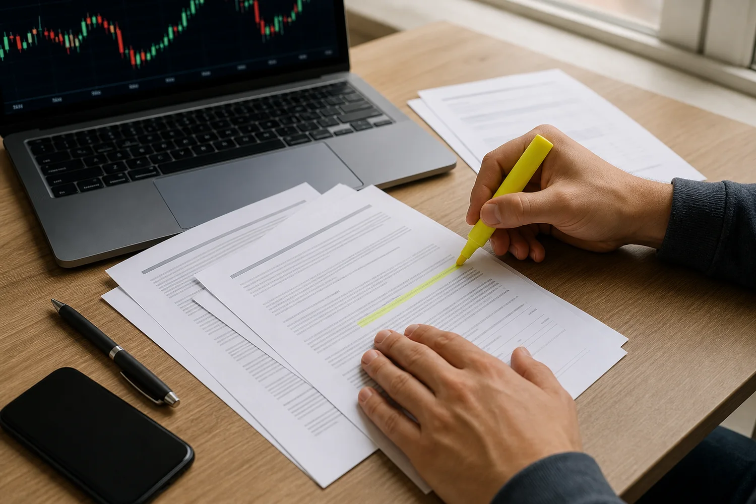 Trader highlighting account terms while checking an unlabeled market chart